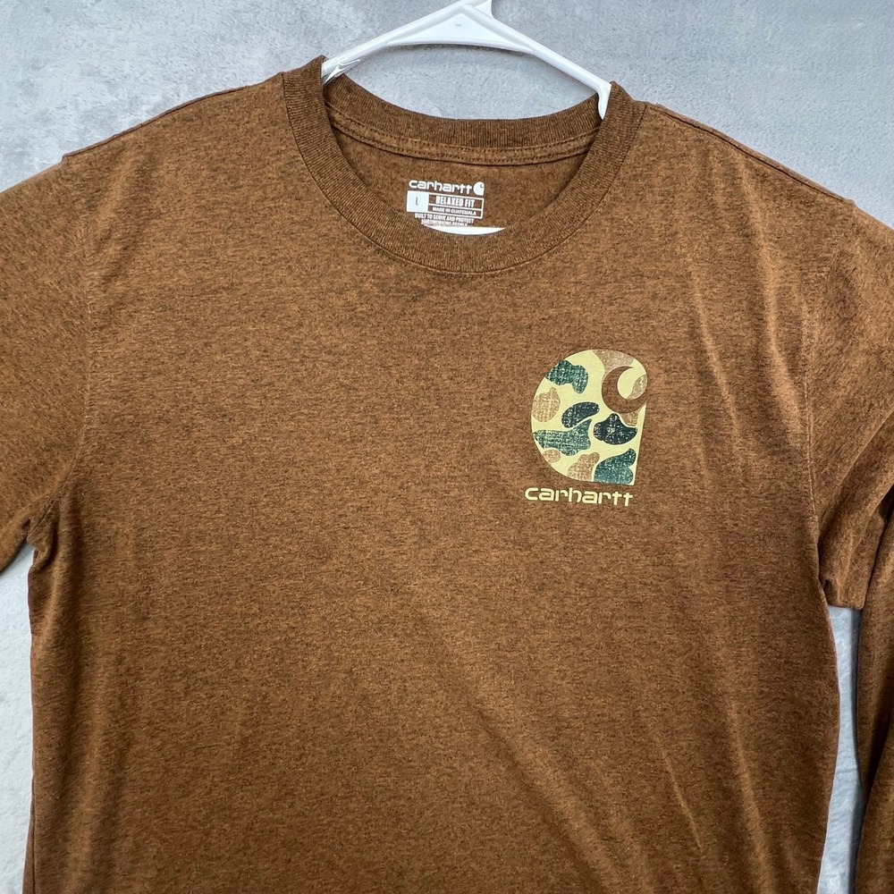Carhartt Long Sleeve Shirt Mens L Brown Frog Camo Logo Relaxed Fit Graphic Tee - Picture 5 of 12